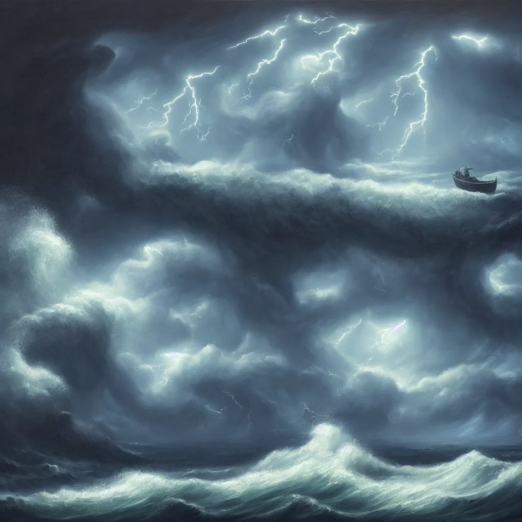 Prompt: a fantasy landscape. subject : giant dark kraken, stormy sea with a small boat, giant waves, lightning in the background, oil painting, 4 k