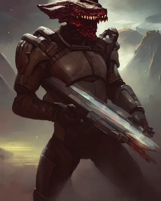 Image similar to oil painting of Krogan, sharp focus, holding sci-fi rifle, magical aura, heroic pose, fantasy style, octane render, volumetric lighting, 8k high definition, by greg rutkowski, highly detailed, trending on art Station, magic the gathering artwork, Spaceship hallway background, centered, horror, sci-fi artwork, demonic