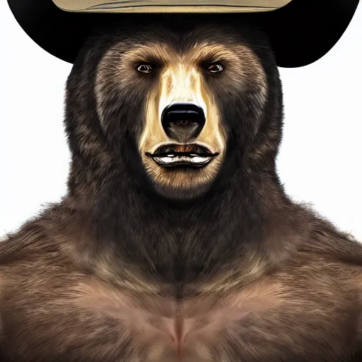 Prompt: portrait of bear beast-man wearing a cowboy hat, digital art, concept art, highly detailed, sharp focus