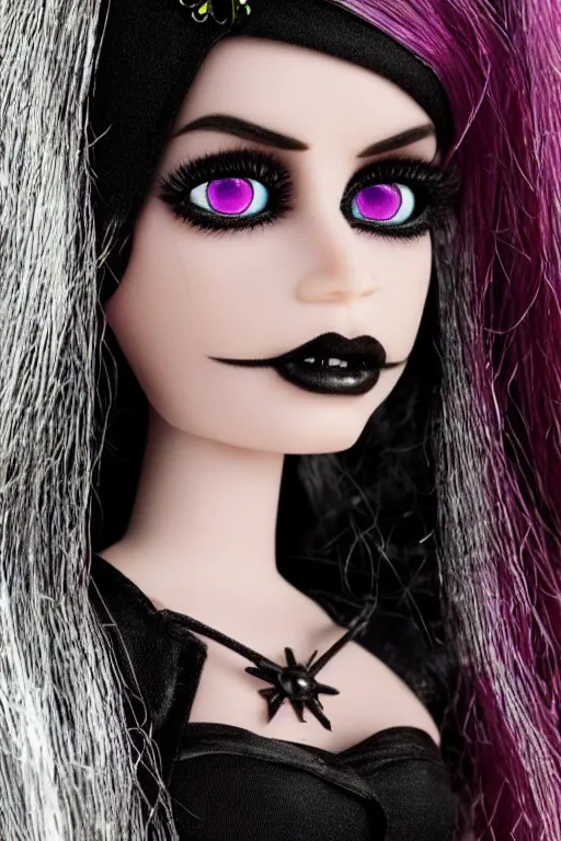 Image similar to gothic witch as a barbie doll, photorealistic, highly detailed,