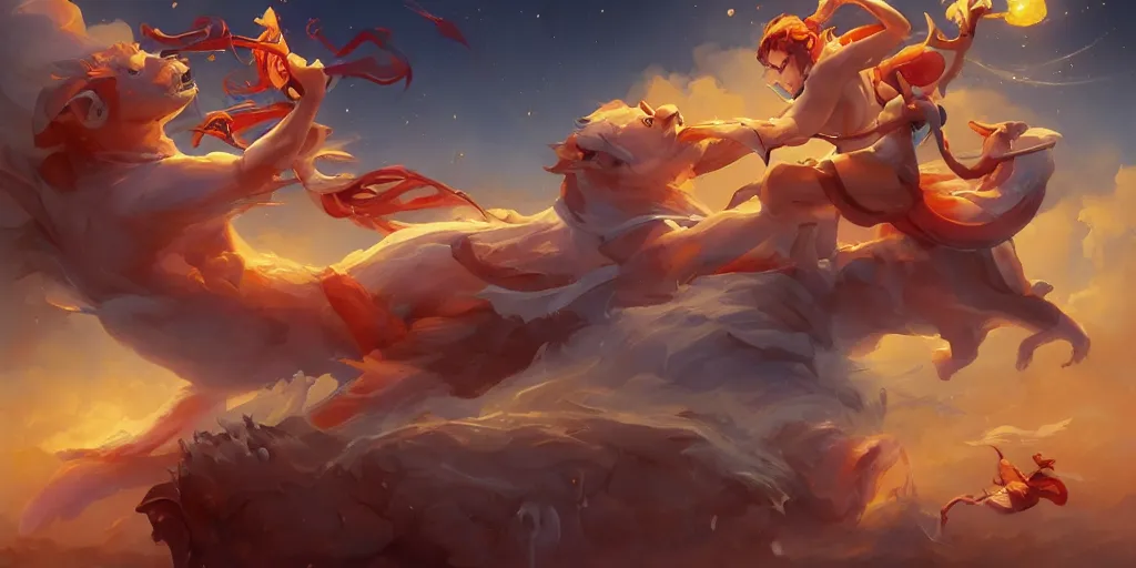 Image similar to Aesthetic art of the Zodiacs playing with each other , cgsociety, fantasy art, concept art , ambient occlusion, behance hd , concept art by Jesper Ejsing, by RHADS, Makoto Shinkai Cyril Rolando