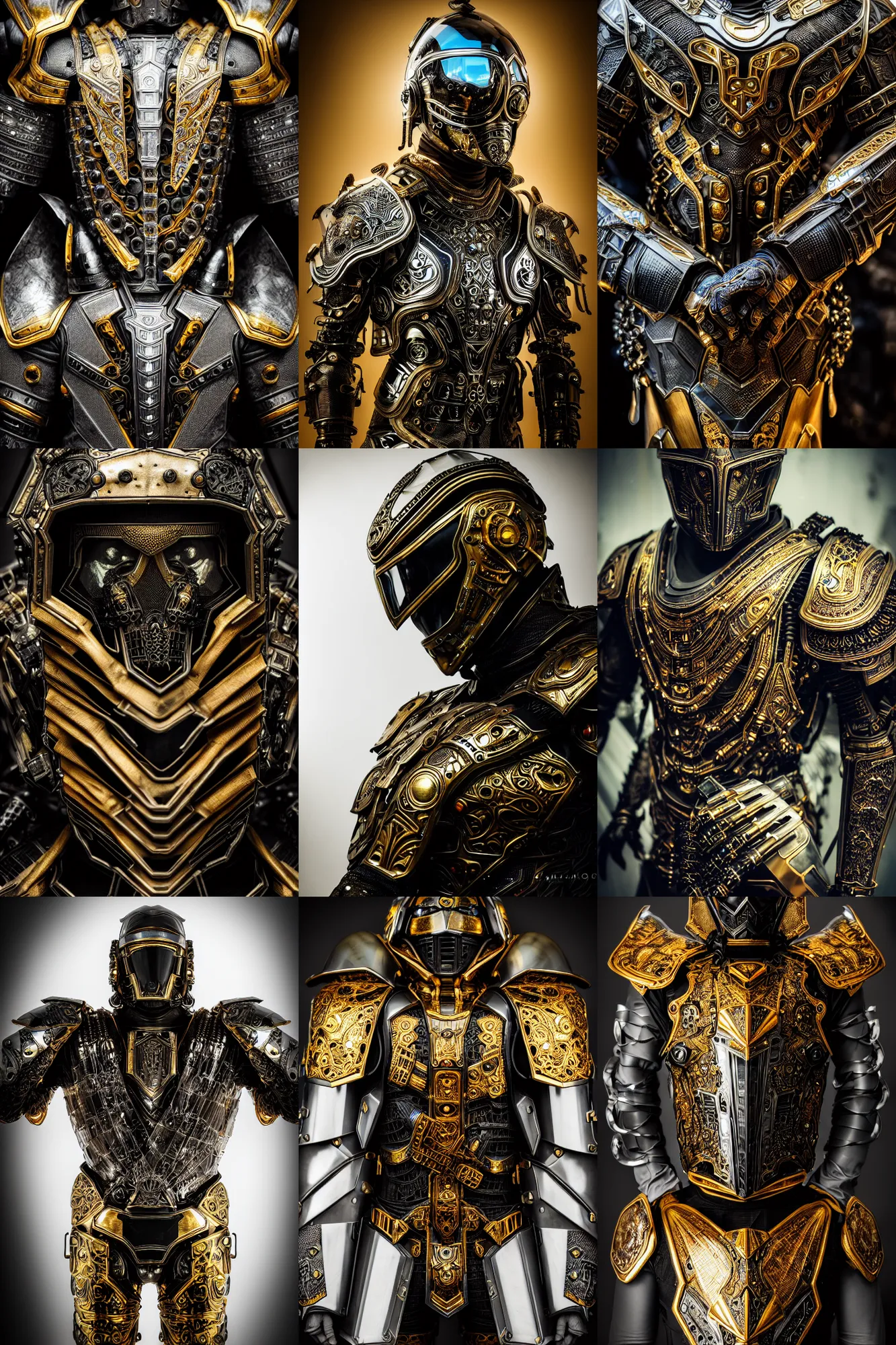 Prompt: hyper realistic photography of a translucent glorious obsidian metal armor, futuristic design, portrait, cyberpunk style, wood and gold details, intricate, extremely detailed, ornate, deep of field, nikon photography