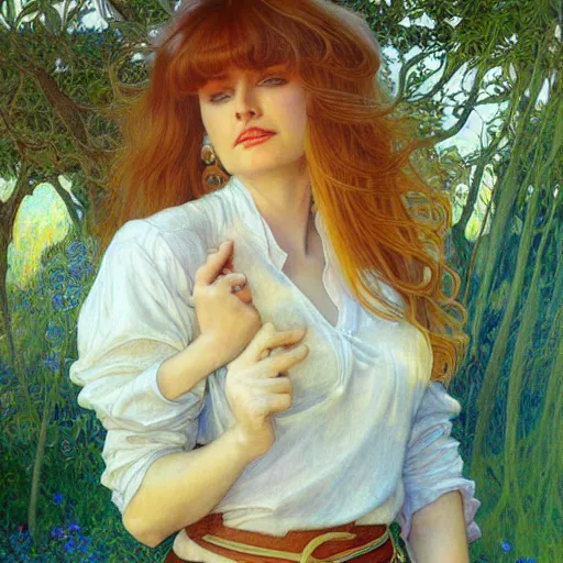 Image similar to A young woman with blonde long hair and bangs in shorts and white shirt drawn by Donato Giancola and Julie Bell and frank frazetta and alphonse mucha, background by James Jean and gustav klimt, 4k, volumetric lighting, french nouveau, trending on artstation, octane render, hyperrealistic