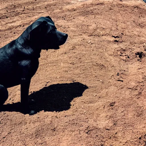 Prompt: Little black dog sitting in the dirt watching the horizon, hyper realistic, ethereal, dramatic lighting, rim light