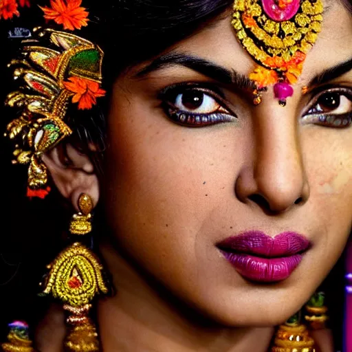 Image similar to Priyanka Chopra as the beautiful Hindu goddess Radha, realistic portrait, 8k resolution, hyper detailed, studio lighting, cinematic