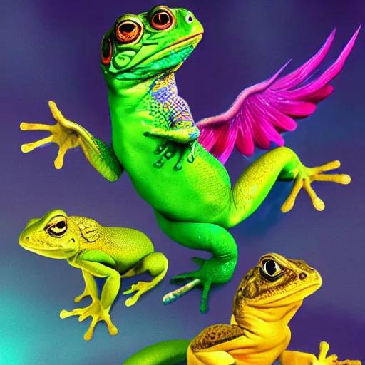 Image similar to three animals,trio, toad with wings and rainbow snake and golden lizard, trio, artstation, concept art, master illustration, details, good clear quality, fun - w 704