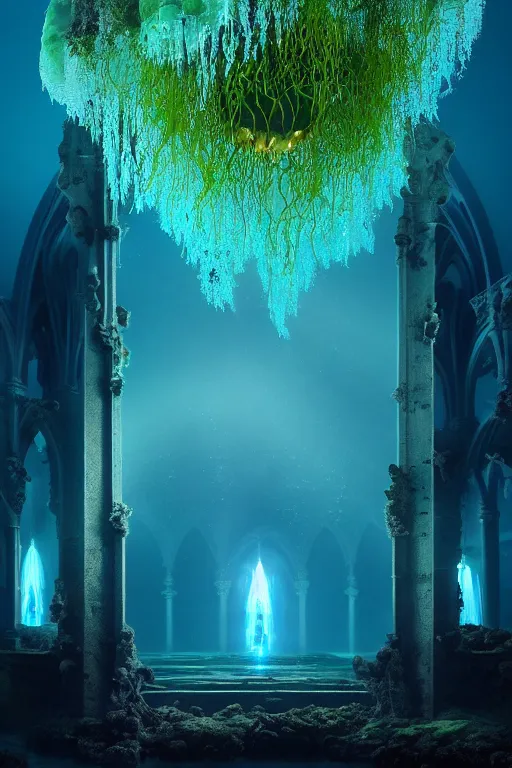 Image similar to high quality photo of cinematic underwater dystopian neo - gothic cathedral ruins with giant bioluminescent colorful aquatic plants and jellyfish, digital art masterpiece, aykut aydogdu eric zener, dramatic volumetric light, extreme long shot, ground angle uhd 8 k, sharp focus