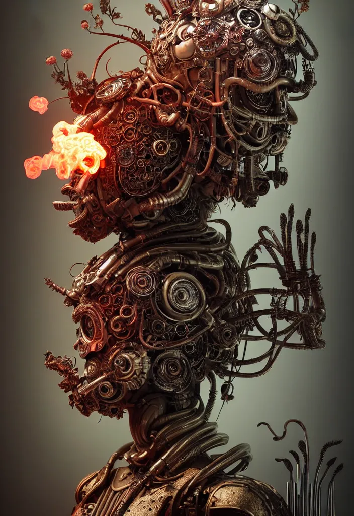 Image similar to 3 d close - up portrait of the retro futuristic robot in vintage death beath mask in mad max style clothes and crown overgrown with fungi and giant orchid flowers and giant gladiola flowers, intricate, elegant, surrounded by smoke and burning. translucent nautilus, highly detailed, by wlop, tooth wu, greg rutkowski, alena aenami