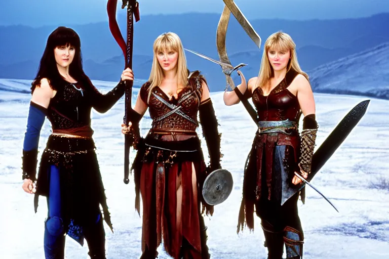 Image similar to xena warrior princes, standing in a frozen landscape holding a sword, tv series, studio lighting