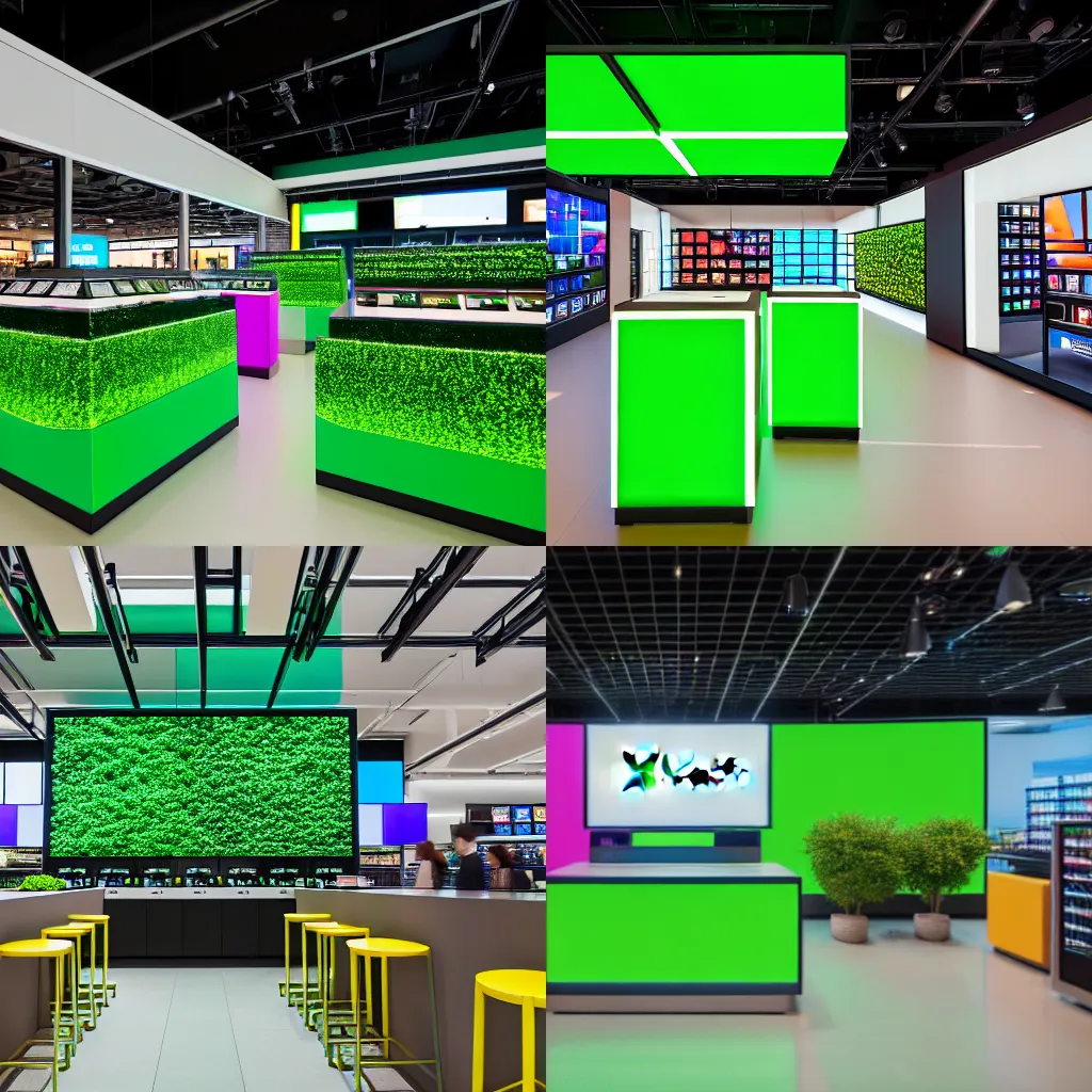 Prompt: (Microsoft retail interior. empty stools, verdant plants, colorful digital screens) muted palette, architectural photography, wide shot, XF IQ4, 14mm, f/1.4, ISO 200, 1/160s, 8K, RAW, unedited, symmetrical balance