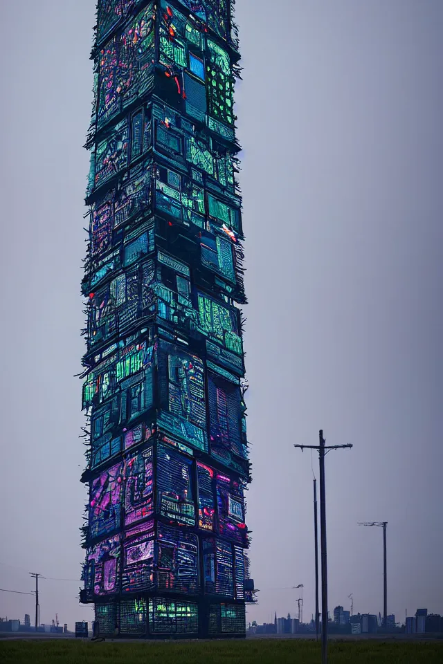 Image similar to cyberpunk tower made out of billions of stacked computer screens by simon stalenhag and dan mumford