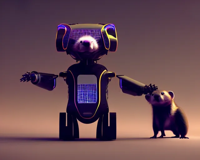 Image similar to futuristic ferret - shaped robot, 3 d octane render, cyberpunk ferret - shaped mechanical robot