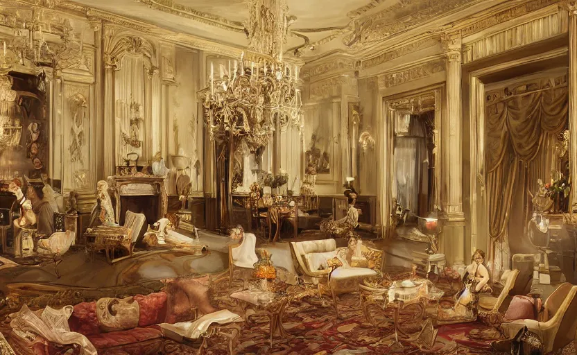 Image similar to realist rococo painting of a 1 9 2 0 s party in a beautiful mansion grand foyer, many partygoers, strong contrast, unreal engine, hyper realism, realistic shading, cinematic composition, realistic render, octane render, detailed textures, photorealistic, ultrawide shot, 3 5 mm film