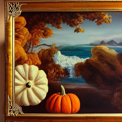 Image similar to 🏝🍞🌨🪐👁🎃🍝, oil painting, baroque style painting, concept art