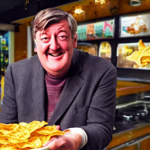 Prompt: photo of [ a single salted fried potato chip ] that looks like stephen fry as a pixar character hybrid intercross mix cinematic lighting