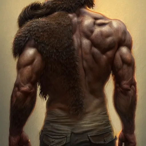 Image similar to back portrait of a rugged ranger, full body!!!, muscular, hairy, forest, anatomy, D&D, fantasy, intricate, elegant, highly detailed, digital painting, artstation, concept art, matte, sharp focus, illustration, art by Artgerm and Greg Rutkowski and Alphonse Mucha