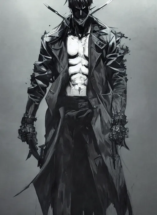 Image similar to Half body portrait of a menacing demon hunter in long trench coat with black fog oozing. In style of Yoji Shinkawa and Hyung-tae Kim, trending on ArtStation, dark fantasy, great composition, concept art, highly detailed, dynamic pose.