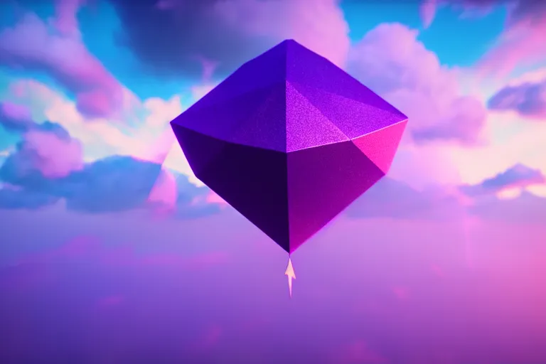 Image similar to huge purple diamond hovering in lavender clouds, turquoise horizon, smooth gradients, octane render, 8 k, volumetric lightning