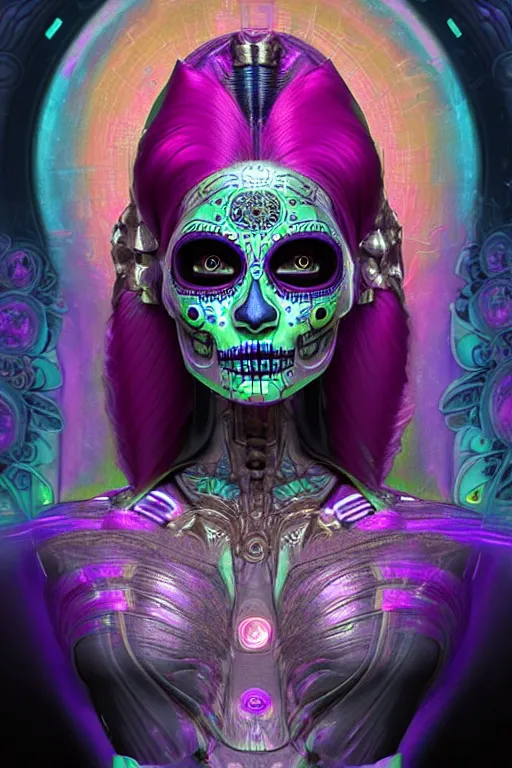 Image similar to ultra detailed female android deity, 8 k, still from a movie!!, flowerpunk, psychedelic vector art!!!, digital painting, sci - fi, fantasy, ( dia de los muertos ), asymmetrical,!! concept art, art by artgerm and giger and michael welan and alphonse mucha and loish and wlop