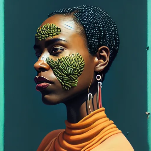 Prompt: portrait of a black woman :: side profile :: blood :: background sea :: intricate details :: oxygen implant :: 8k :: simon stalenhag and Sandra Chevrier