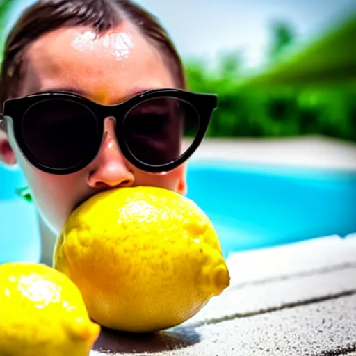 Prompt: lemon with sunglasses playing in the pool