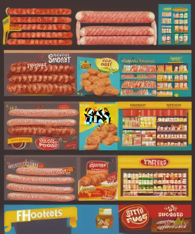 Image similar to digital painting of frozen food shop,like sausage,beef,nugget,etc,with interesting look,picture for website ads,details,photorealistic and make people hungry!,