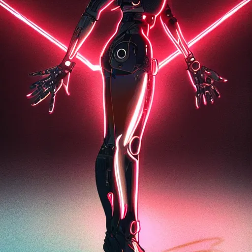 Prompt: digital anime, cyborg - girl standing in the middle of the street bending and refracting light around her, black red long hair!, biomechanical details, neon background lighting, reflections, wlop, ilya kuvshinov, artgerm