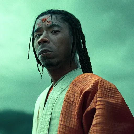 Prompt: cinematic film still of Lil’ Wayne starring as a Samurai holding fire, Japanese CGI, VFX, 2022, 40mm lens, shallow depth of field, film photography