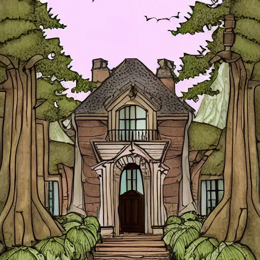 Prompt: digital art of a spooky mansion in the woods with mountains in the back, a trail leads to the doors. vampires and stuff.