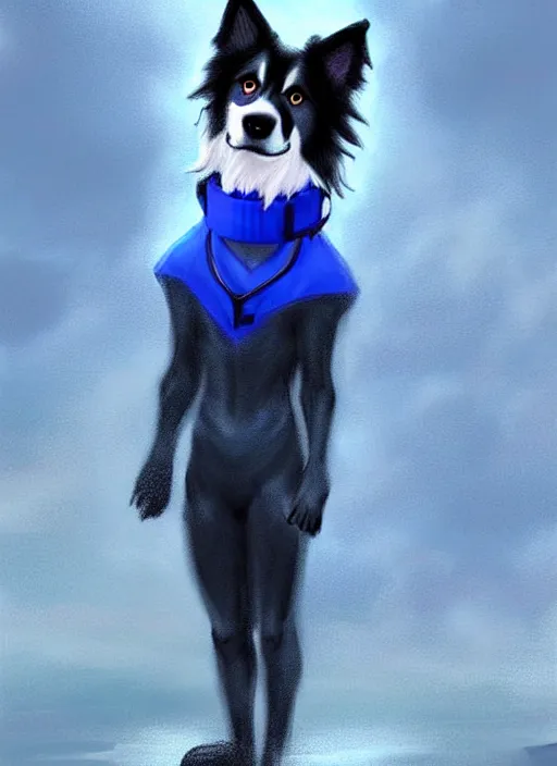 Image similar to full body digital painting of a cute male anthropomorphic border collie fursona wearing a blue dog collar and standing in the rain, beautiful, model pose, realistic proportions, highly detailed, scenic background, trending on artstation, art by charlie bowater and henry asencio and and ross tran