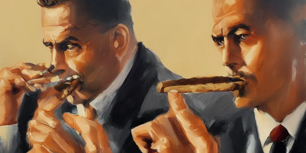 Image similar to abstract oil matte portrait painting, mafia boss smoking a cigar at his 5 0 s new york office desk, wonderful masterpiece highly detailed, beautiful cinematic light deep focus, elegant, digital painting, smooth, sharp focus, golden ratio, dramatic illumination, ultra realistic, 8 k, art by jimmy law