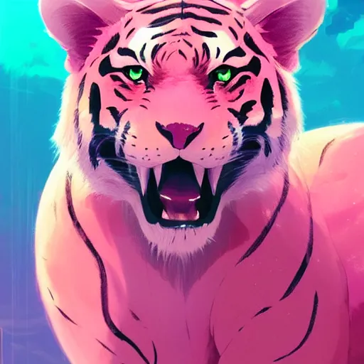 Image similar to a pink tiger, illustration concept art anime key visual trending pixiv fanbox by wlop and greg rutkowski and makoto shinkai and studio ghibli and kyoto animation symmetrical facial features