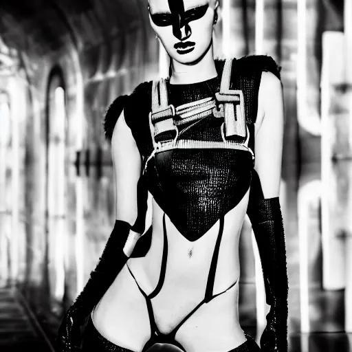 Image similar to fashion photography of an extraterrestrial model, with white eyes, wearing demobaza fashion, inside berghain, berlin fashion, harness, futuristic fashion, dark minimal outfit, photo 3 5 mm leica, hyperdetail, berghain, 8 k, very detailed, photo by nick knight