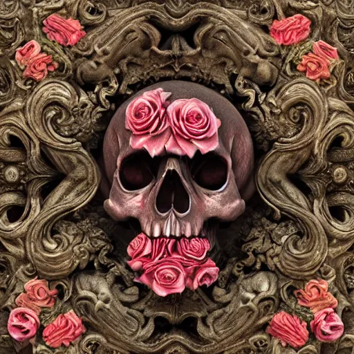 Image similar to skull and roses, ornate, intricate details, octane render, artstation