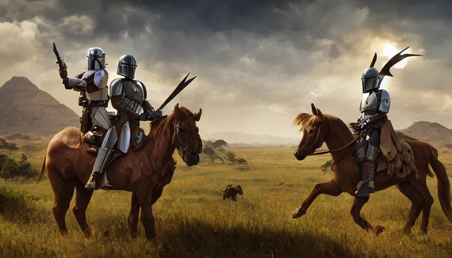 Image similar to mandalorian riding a horse, madagascar with baobabs trees in the background, action scene, an epic fantasy, artgerm and greg rutkowski and alphonse mucha, an epic fantasy, volumetric light, detailed, establishing shot, an epic fantasy, cinematic, photorealistic, ultrarealistic, trending on art station, octane render, midsommar