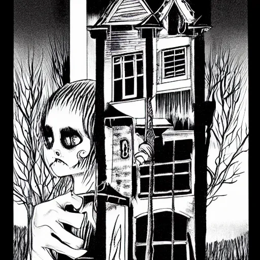 Image similar to a haunted house, by junji ito