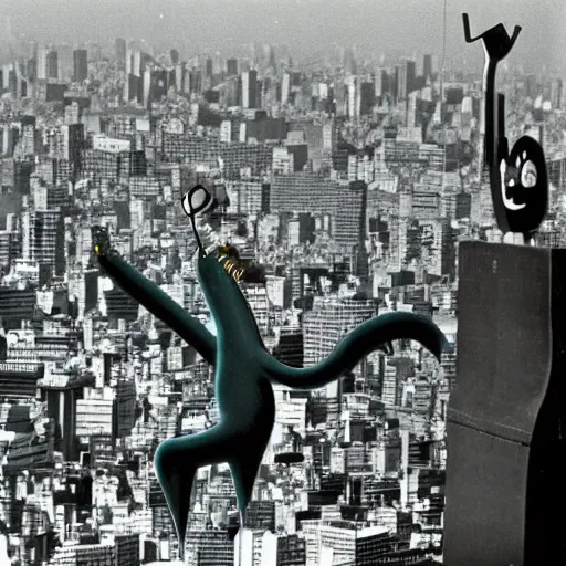 Prompt: gumby destroying tokyo in 1 9 6 5