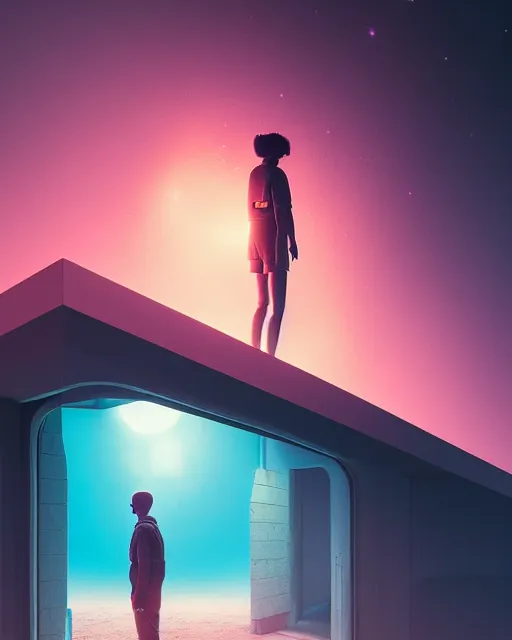 Image similar to a person standing in front of an open door, poster art by mike winkelmann, trending on cg society, space art, sci - fi, ue 5, futuristic, volumetric lighting