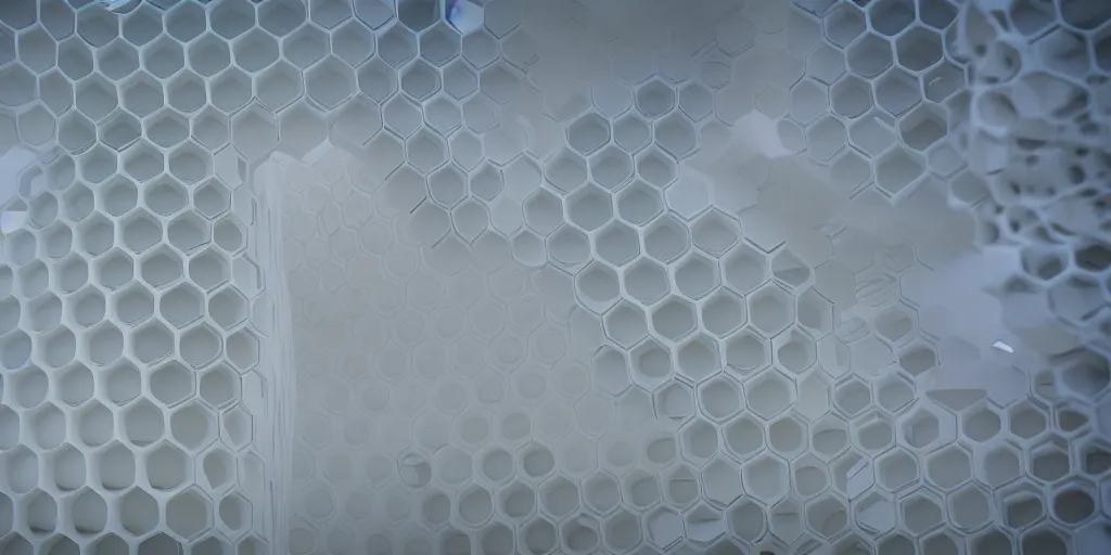 Image similar to real white honeycomb organic building, film still from the movie directed by denis villeneuve aesthetic with art direction by zdzisław beksinski, telephoto lens, shallow depth of field