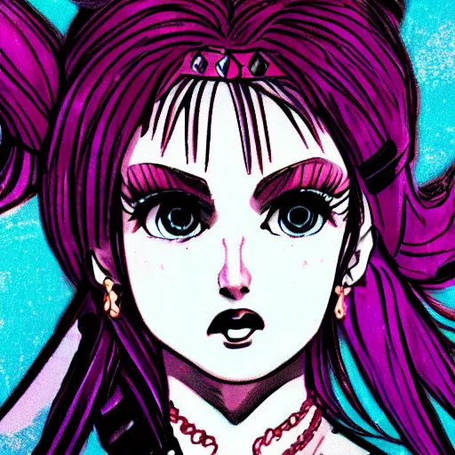 Image similar to punk little girl, profile picture, vintage fashion, highly detailed, reflection, 8 k, realistic artwork, hd, inspired by jojo bizarre adventure, 9 0 s anime art style