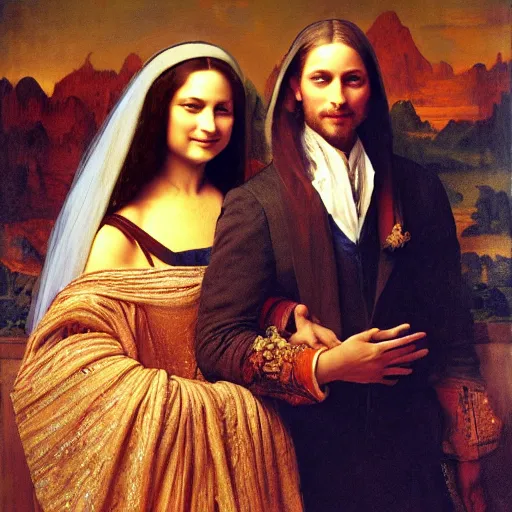 Image similar to detailed painting of prince william marrying attractive mona lisa, highly detailed painting by gaston bussiere, craig mullins, j. c. leyendecker 8 k, smiling couple, royal painting