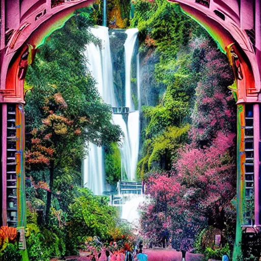 Prompt: A beautiful assemblage of a waterfalls going into a city. art nouveau, post-impressionism by Rebeca Saray forbidding