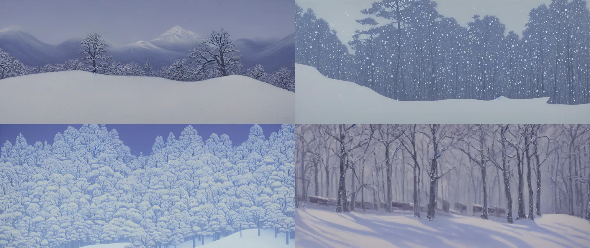 Prompt: forest and mountain in winter, oil painting, by kaii higashiyama