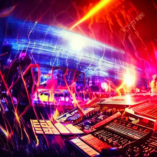 Image similar to low angle shot of lightning striking a synthesizer in a dance club, dark dancing silhuettes in the background, bokeh, dramatic lighting, oil painting