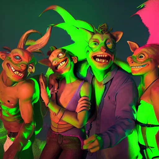 Prompt: goblins partying at a rave, green skin, octane render, 8 k, fantasy