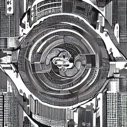 Image similar to a faint yin - yang daoist symbol superimposed on the futuristic cityscape in a utopian well - organized society, black and white multiscale