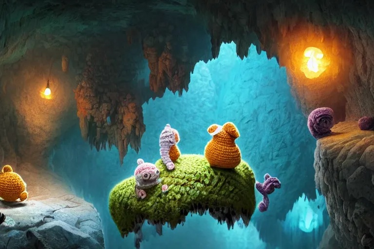 Image similar to an expedition of crochet cute animals discovering a new cave underground. cute, illustration, digital art, inspired by little big planet, by greg rutkowski, detailed, sharp, masterpiece, highly detailed, photorealistic, octane render, 8 k, unreal engine 5, trending on artstation, vivid colors