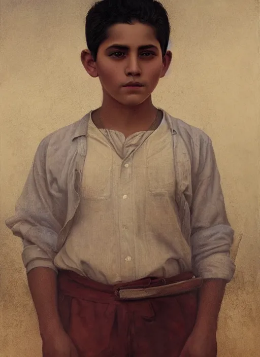 Prompt: portrait of a handsome mexican boy in old jalisco, painting by manuel sanjulian and tom bagshaw, oil on canvas, hyperrealism