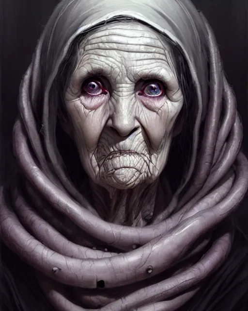 Prompt: a female necromancer old woman | | elderly - face, wrinkled face, realistic shaded perfect face, fine details. anime. tentacles, eldritch abomination, dunwitch horror, realistic shaded lighting poster by greg rutkowski, magali villeneuve, artgerm, jeremy lipkin and michael garmash and rob rey