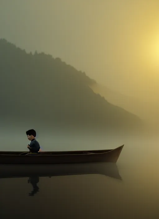 Image similar to boy in boat, Artstation, Confident, fog, rain, volumetric lighting, beautiful, golden hour, sharp focus, ultra detailed, cgsociety by Leesha Hannigan, Ross Tran, Thierry Doizon, Kai Carpenter, Ignacio Fernández Ríos, noir art house, 4k, 35mm, fujifilm